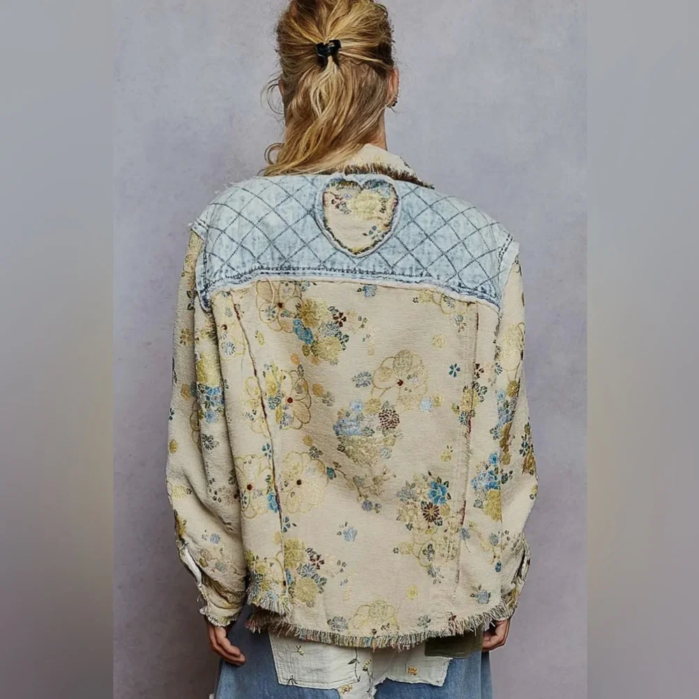 POL denim quilted tapestry floral patchwork jacquard boho pullover jacket coat - Picture 5 of 5